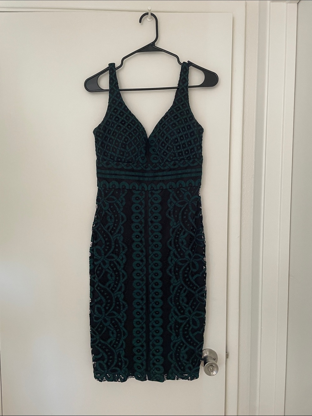 Teal and Black Lace-Overlay Midi Dress